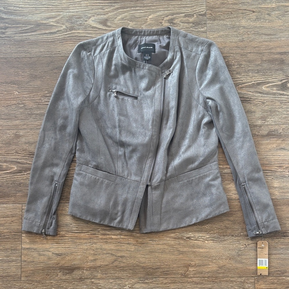 DKNY JEANS Grey Faux Suede Asymmetrical Zip Jacket Moto Biker Womens Size Medium